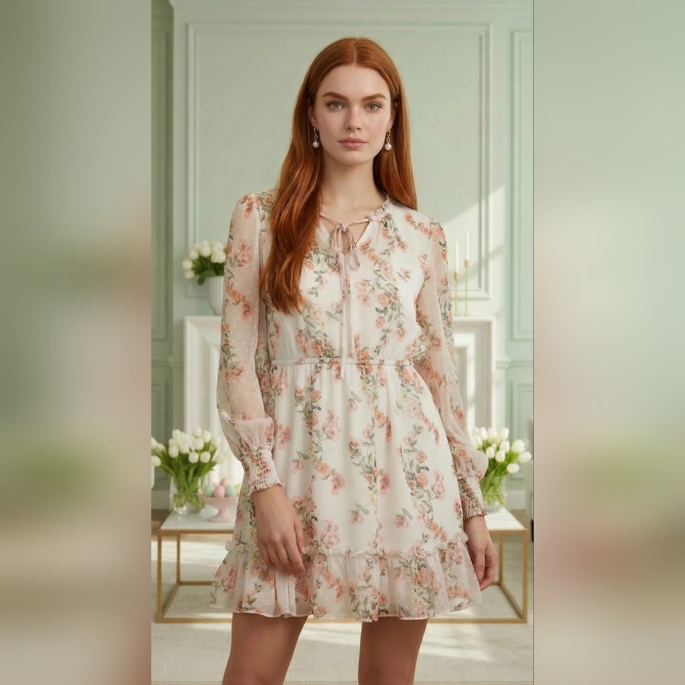 Floral Tie-Neck Long Sleeve White & Pink Midi Ruffle Dress Size M Cottage Boho